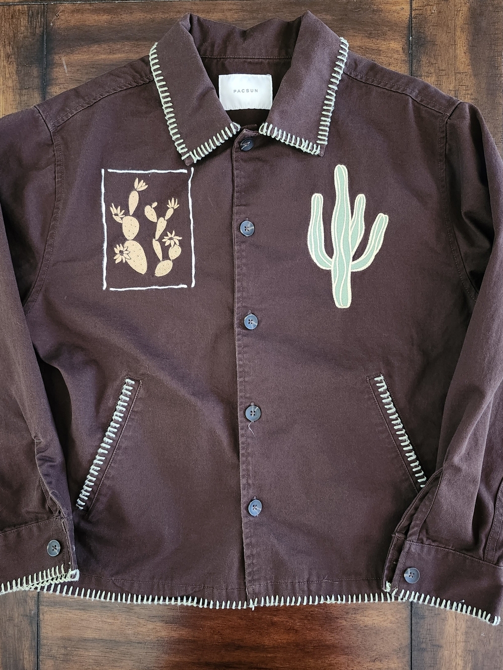 PacSun Brown Jacket with Green & Cream Cactus Appliqués Men's Medium